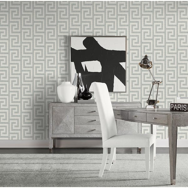 60.75 sq. ft. Coastal Haven Pewter Luna Retreat Greek Key Embossed Vinyl Unpasted Wallpaper Roll