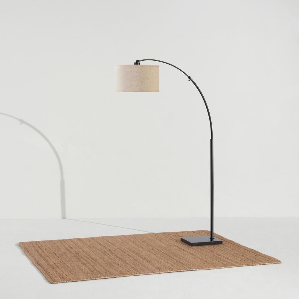 Logan Adjustable 76" Black LED Arc Floor Lamp with Beige Drum Shade