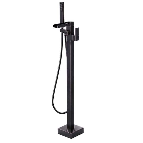 Waterfall Single-Handle Floor Mount Freestanding Tub Faucet, Tub Filler with Rectangle Hand Shower in Oil Rubbed Bronze