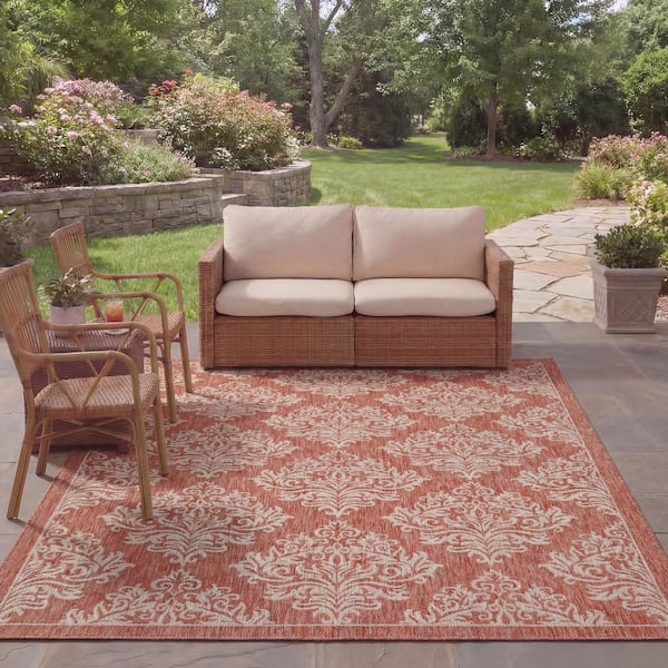 Courtyard Rust/Gray 8 ft. x 11 ft. Diamond Ornate Floral Indoor/Outdoor Area Rug