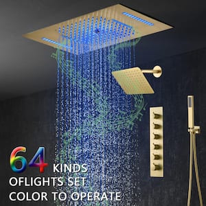 5-Spray 23 in. x 15 in. Ceiling Mount LED Music Dual Shower Head Fixed and Handheld Shower Head in Brushed Gold