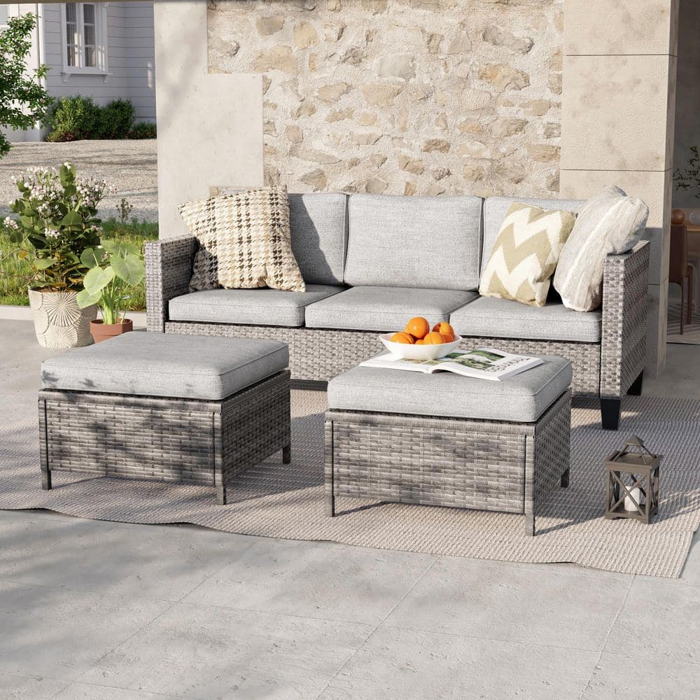 JOYESERY 3-Seater Patio Gray Wicker Sofa set with Ottomans, Linen JOYESERY 3-Seater Patio Gray Wicker Sofa set with Ottomans, Linen