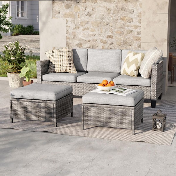 3-Seater Patio Gray Wicker Sofa set with Ottomans, Linen Grey Cushion