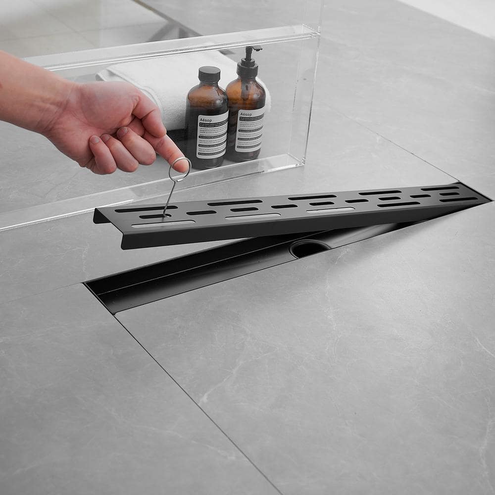 24 Inch Matte Black Stainless Steel Linear Shower Drain with Square Holes