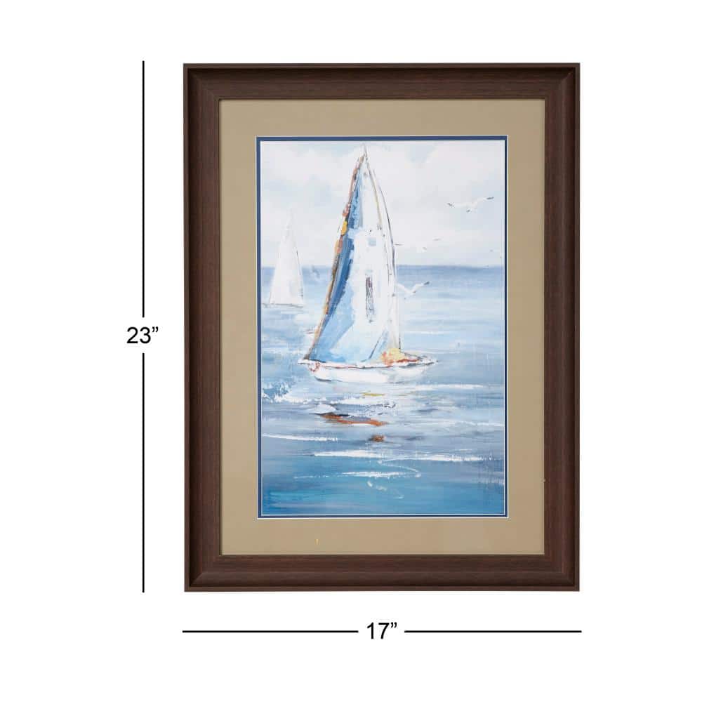 Blue Coastal Sailboat Painting Print in Dark Brown Wood Frame