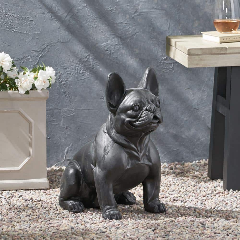 Matte Black Cast Stone French Bulldog Outdoor Garden Statue