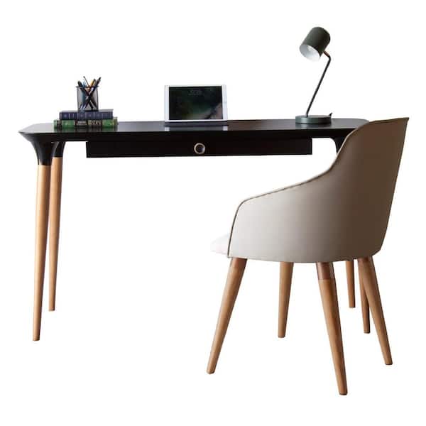 Manhattan Comfort HomeDock Black Office Desk and Martha Beige Accent Chair Set