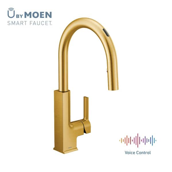 Moen U Sto Single Handle Pull Down Sprayer Smart Kitchen Faucet With Voice Control And Power Clean In Brushed Gold S72308evbg The Home Depot