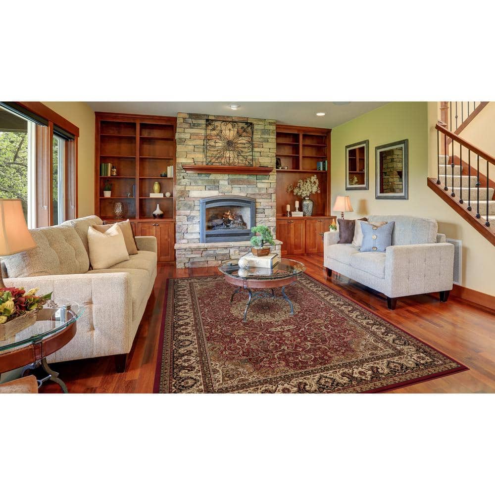 Large Red Oriental Synthetic Area Rug with Jute Backing