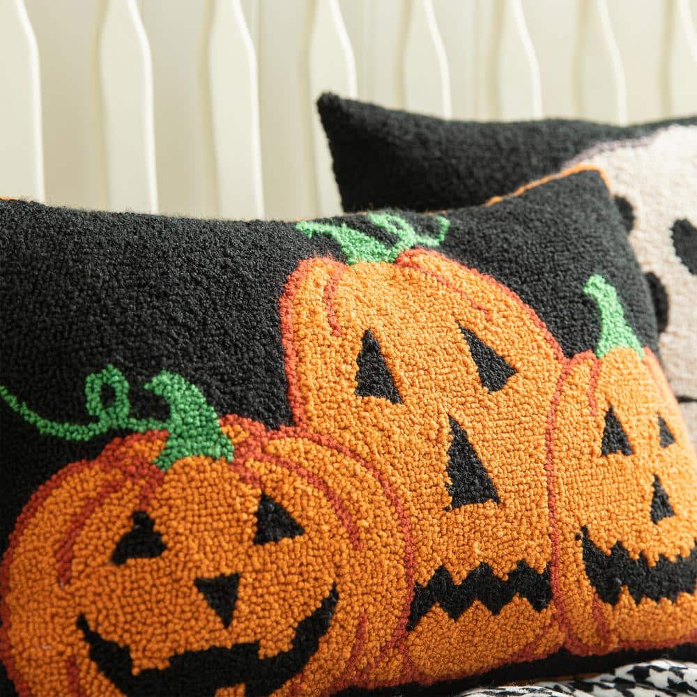 Handmade Black Halloween Pumpkins Rectangular Throw Pillow
