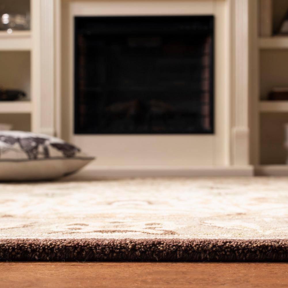 Ivory and Brown 8' x 10' Handmade Wool Floral Rug