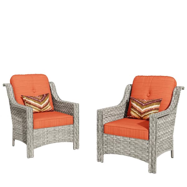 Toject Eureka Gray Modern Wicker Outdoor Lounge Chair Seating Set with Orange Red Cushions (2-Pack)