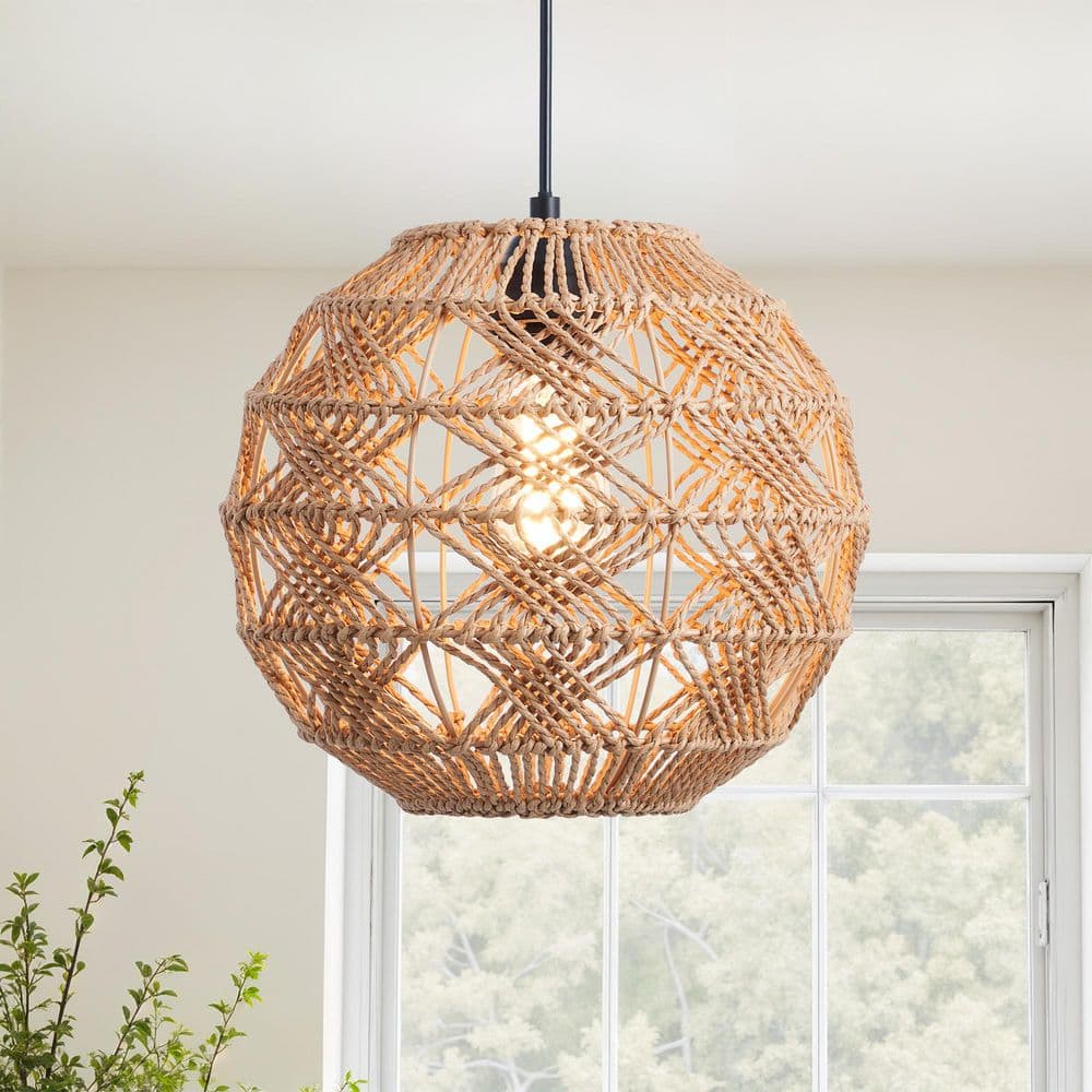 Merra 1-Light Matte Black Boho Pendant Light with Handwoven Hemp Rope Ball  Shade HCF-0310-BR-BNHD-1 - The Home Depot, image size:1000x1000