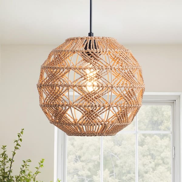 1-Light Matte Black Boho Pendant Light with Handwoven Hemp Rope Ball Shade