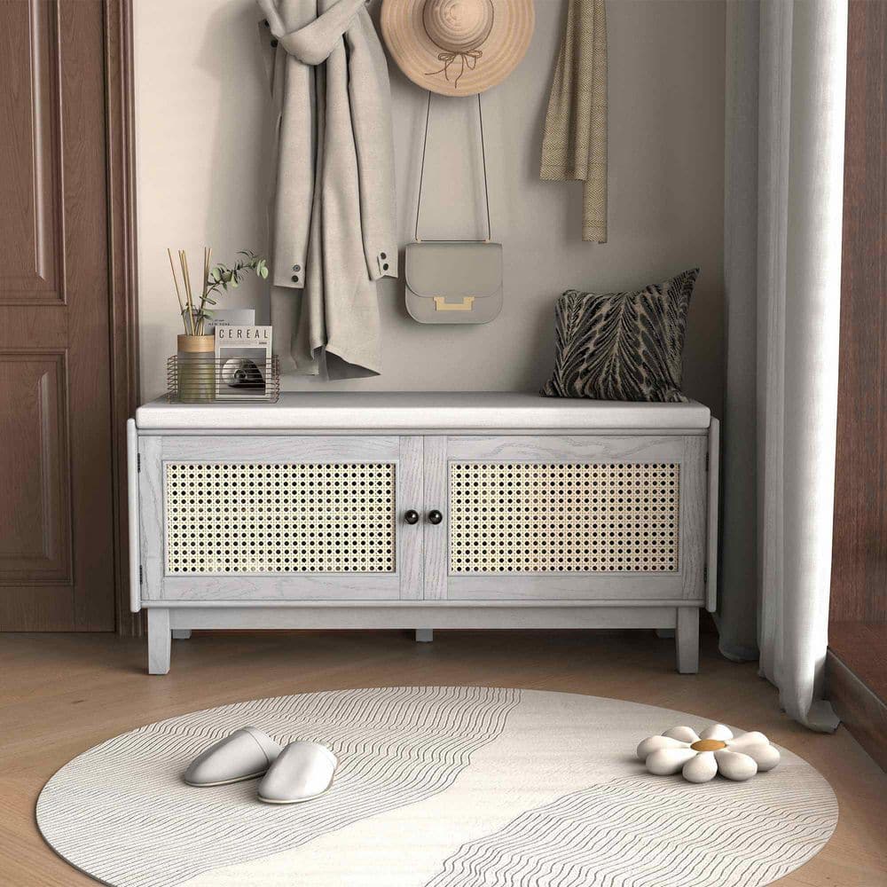 Grey Entry Bench Polibi 43.00 in. Gray/Beige Wash Entryway Bench with Storage and Double ...