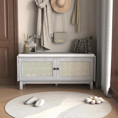 43.00 in. Gray/Beige Wash Entryway Bench with Storage and Double Doors