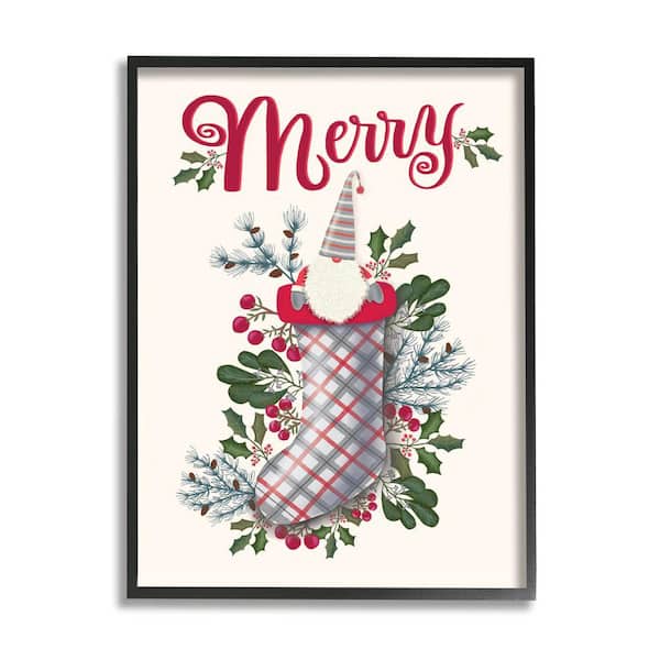 Stupell Industries Merry Christmas Gnome Plaid Holly Stocking By Darlene Seale Framed Print Abstract Texturized Art 16 in. x 20 in.
