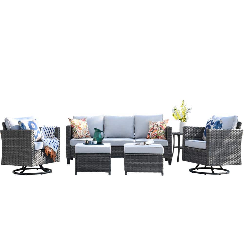 Gray Wicker Sectional Sofa Set with Swivel Rocking Chairs