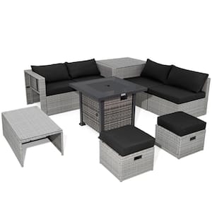 9-Piece Wicker Patio Conversation Set with 32-Inch Propane Fire Pit Table and Black Cushions