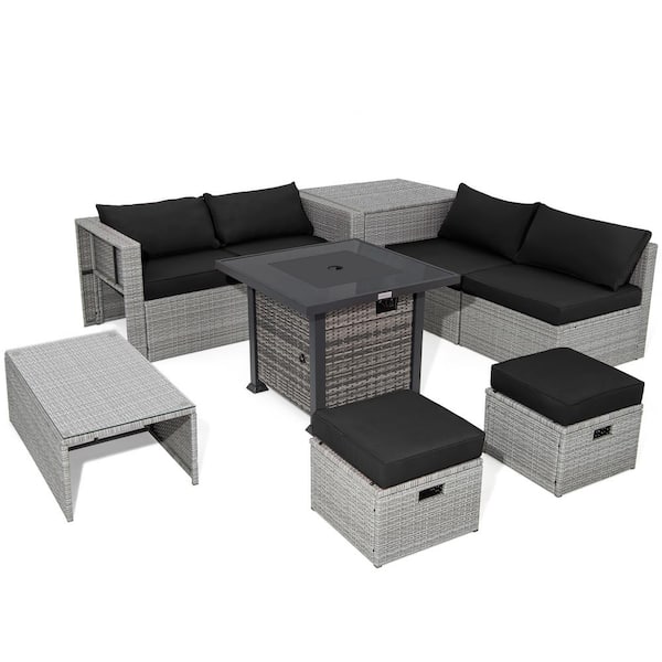 ANGELES HOME 9-Piece Wicker Patio Conversation Set with 32-Inch Propane Fire Pit Table and Black Cushions