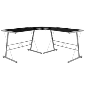83.5 in. L-Shaped Black/Silver Computer Desks with Glass Top