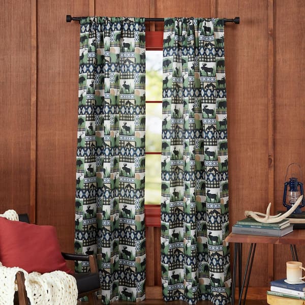 Moose Lodge Blue Multi Animals Light Filtering Rod Pocket Indoor Curtain Panel, 38 in. W x 84 in. L (Set of 2)