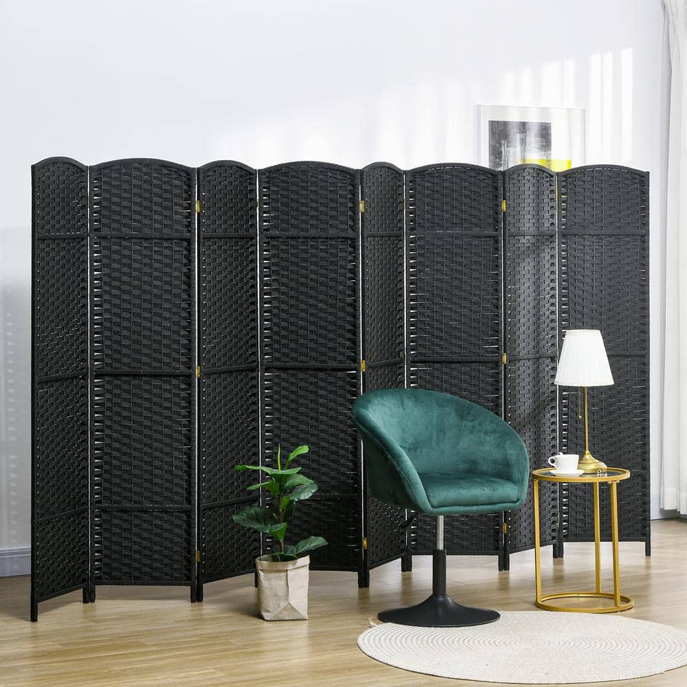 Black 8-Panel Folding Polypropylene Room Divider with Pine Frame