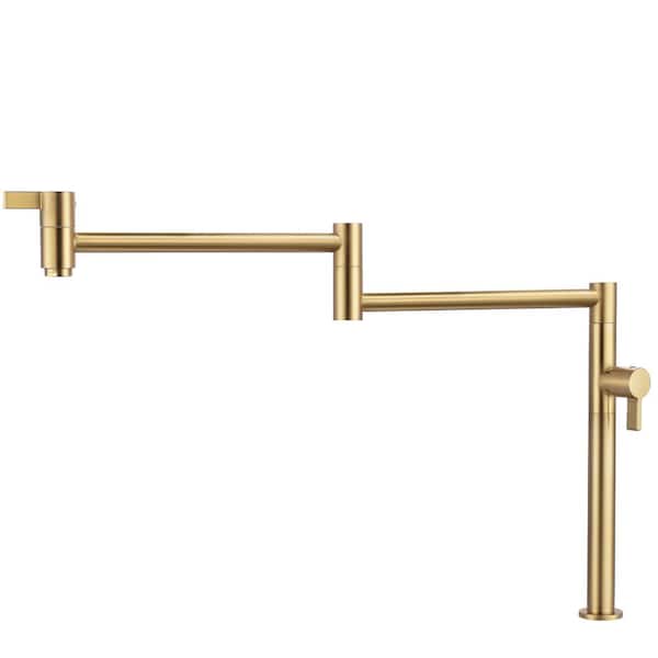 AVITAS Deck Mounted Brass Pot Filler Folding Kitchen Faucet with Stretchable Double Joint Swing Arms in Brushed Gold