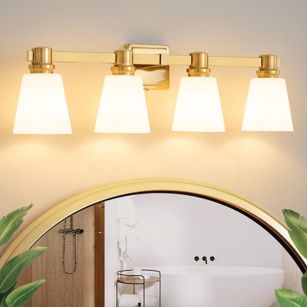 Deyidn 30.3 in. 4-Light Gold Vanity Light with Frosted Glass Shade, Suitable for Bathroom Living Room etc, Dimmable