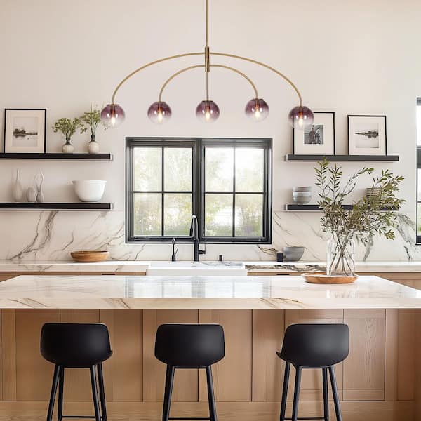 5-Light Plating Brass Sputnik Chandelier for Kitchen Island with Gradient Purple Glass Shades