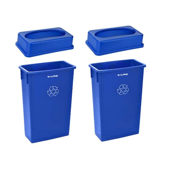Alpine Industries 23 Gal. Blue Vented Heavy-Duty Plastic Commercial Slim Recycling Bin with Drop Shot Lid (2-Pack)
