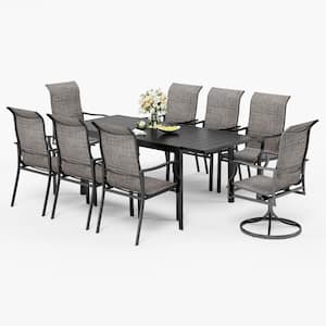 Black 9-Piece Metal Outdoor Dining Set with Padded Swivel Rocker Texitilene Chair and Expandable Table