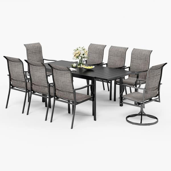 PHI VILLA Black 9-Piece Metal Outdoor Dining Set with Padded Swivel Rocker Texitilene Chair and Expandable Table