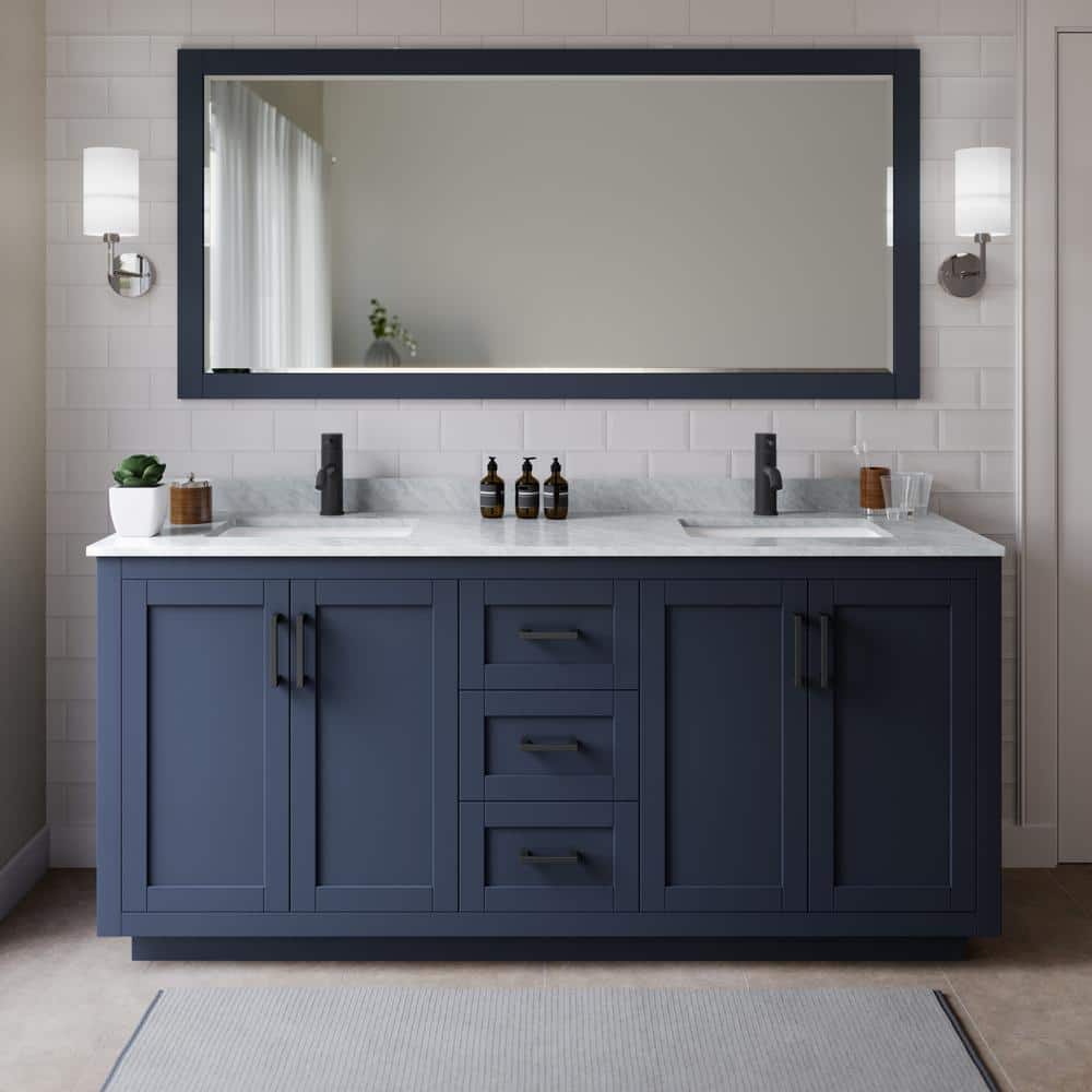 Miranda 72 in. W Double Bath Vanity in Dark Blue with Marble Vanity Top in White Carrara with White Basins and Mirror price history on PriceWatchPro