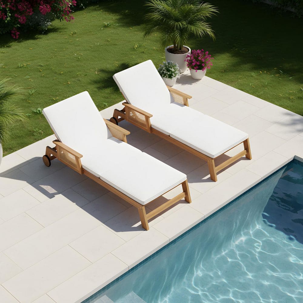 Zara Light Teak 2-Piece Wood and Wicker Adjustable Patio Outdoor Chaise Lounge with Beige Cushions, Wheels price history on PriceWatchPro