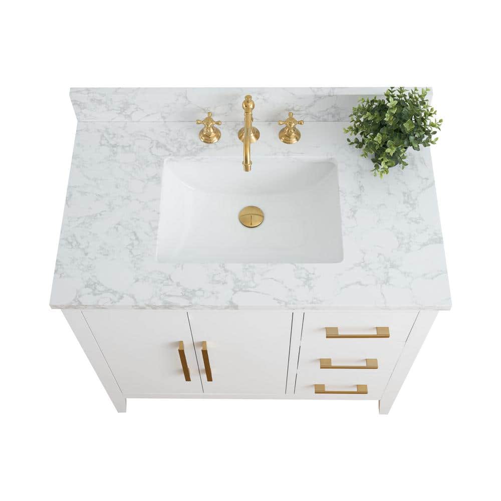 White and Gold 36" Single Bathroom Vanity with Ceramic Sink