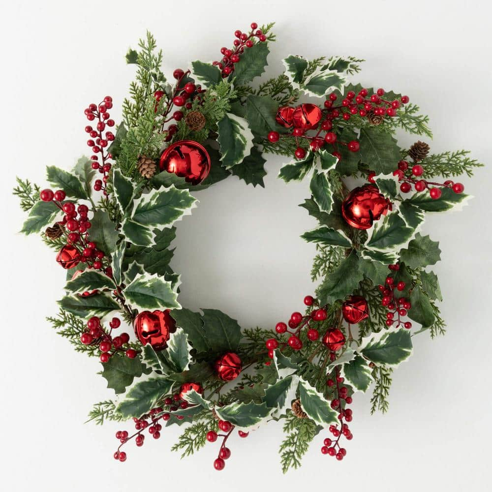 24 in. Jingle Bell Holly Pine Artificial Christmas Wreath, Green Red -  SULLIVANS, HBWR