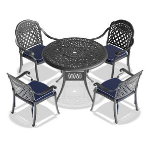 Isabella Black 5-Piece Cast Aluminum Outdoor Dining Set with 35.43 in. Round Table and Random Color Seat Cushions