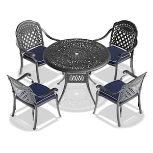 Isabella 5-Piece Cast Aluminum Outdoor Dining Set with 35.43 in. Round Table and Random Color Cushions