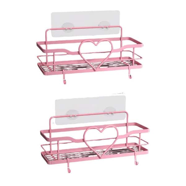 NVNOO 13 in. x 5 in. x 3 in. Sweet Heart Shower Shelves with 4 Removable Hooks for Bathroom Shower and Kitchen, Pink (2-Pack)