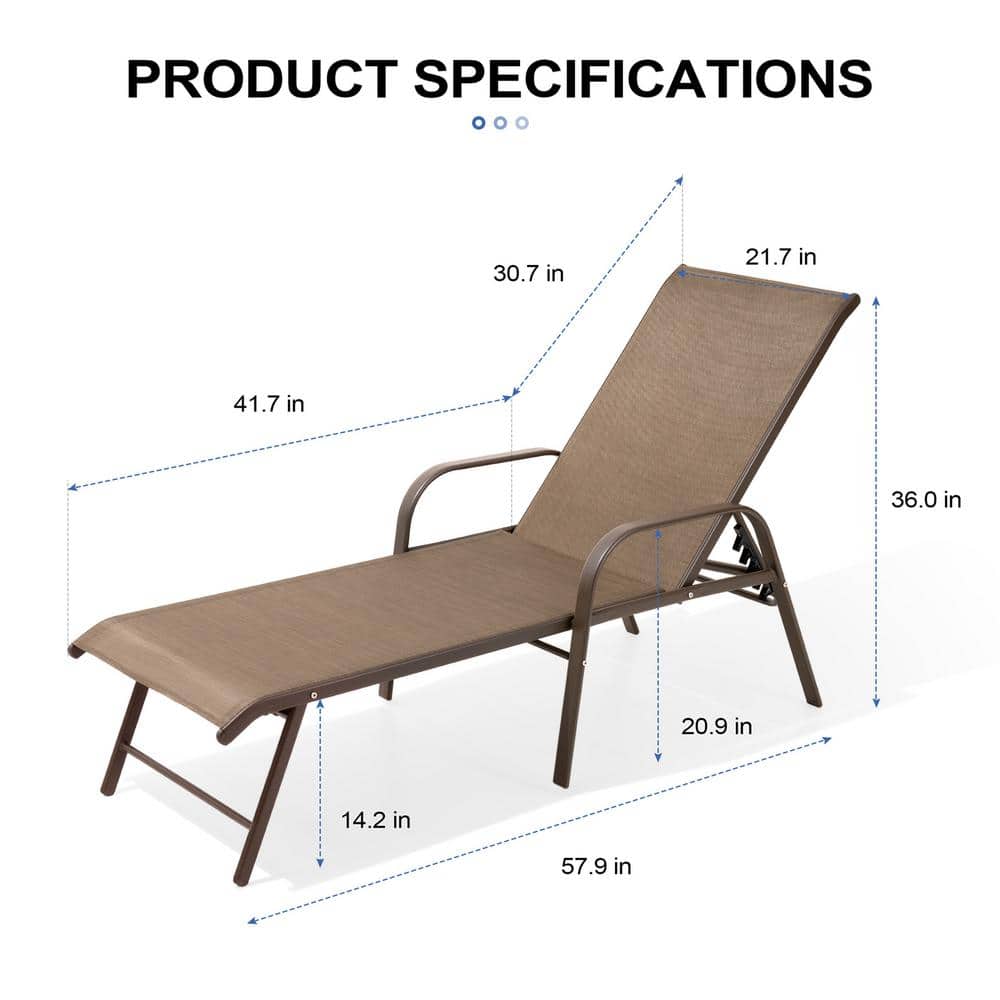 Brown Aluminum Adjustable Outdoor Chaise Lounge Set with Arms