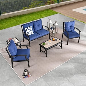 5-Piece Metal Patio Conversation Set with Blue Cushions