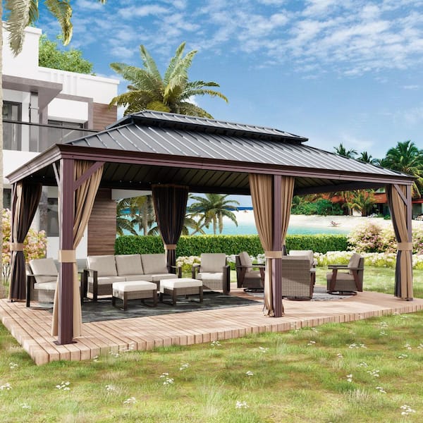 Gardenbee 12 ft. x 20 ft. Aluminum Outdoor Gazebo with Double Galvanized Steel Roof, Ceiling Hook, Mosquito Netting and Curtains