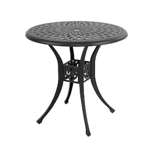 30 in. Black Round Aluminum Outdoor Bistro Round Aluminum Patio Table with Umbrella Hole in Black