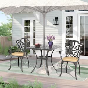 Lily Black 3-Piece Cast Aluminum Outdoor Dining Set with Square Table and Dining Chairs with Random Color Cushion