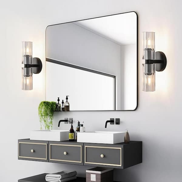 YUYI 13 in. 2 Light Black Wall Sconce with K9 Crystal