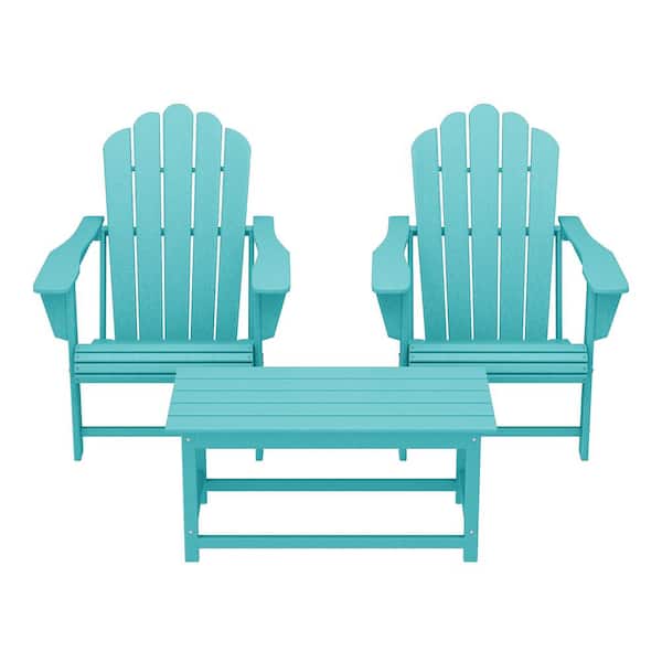 Aderson Turquoise 3-Piece All Weather Outdoor Patio HDPE Plastic Adirondack Chairs Conversation Set with Coffee Table