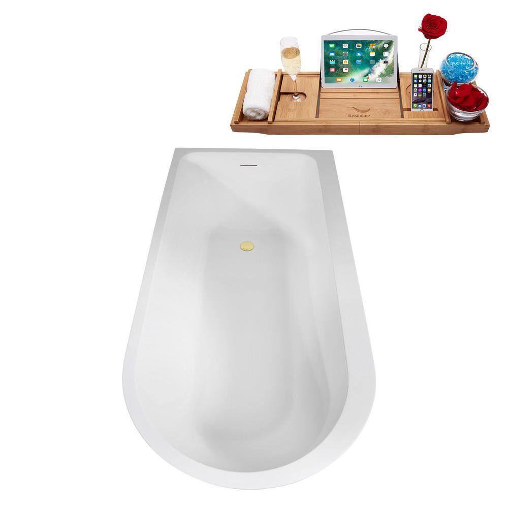 65" Glossy White Acrylic Freestanding Soaking Bathtub with Bamboo Tray