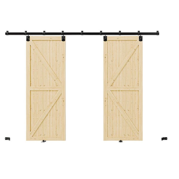 72 in. x 80 in. K-Shaped, Solid Pine Wood, Light Brown Primed Exterior Sliding Barn Door with Hardware Kit