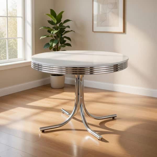 42 in. White and Chrome Wood Top Pedestal Dining Table Seating for 3